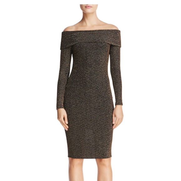 Aqua Dresses & Skirts - NWT Metallic Off-the-Shoulder Dress XS, Black/Gold